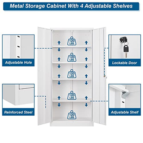 PEUKC Metal Garage Storage Cabinet, 71-inch Tall Storage Cabinet with Adjustable Shelves & Locking Doors, Tool Cabinets for Garage,Office,Home,School,Gym Storage (White) PEUKC