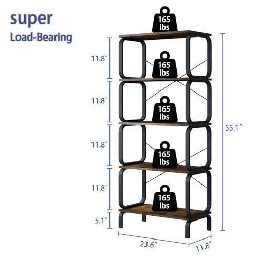 5-Tier Rustic Brown Industrial Bookshelf - Sturdy Metal and Wood Bookcase for Home and Office zbet