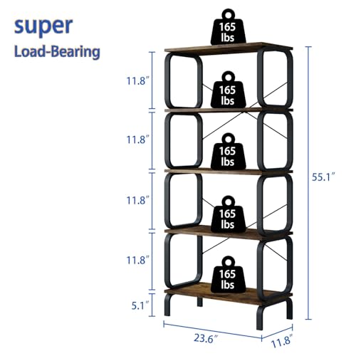 5-Tier Rustic Brown Industrial Bookshelf - Sturdy Metal and Wood Bookcase for Home and Office - WoodArtSupply