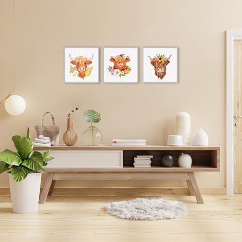 Louise Maelys 3 Sets Embroidery Kits for Beginners,Cross Stitch Kit for Adults,Starters DIY Needlepoint Including Hoop -Highland Cow and Florals Pattern