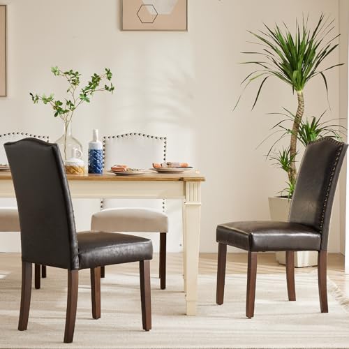 Sweetcrispy Dining Chairs Set of 6, Upholstered Leather Kitchen Room Chairs Mid Century Modern High-End Dining Room Side Chairs with Nailhead Trim and Wood Legs for Bedroom, Living Room, Brown Sweetcrispy