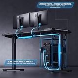 Gaming Standing Desk with LED Lights & Host Shelf, 55" x 24" Gaming Table with Music Sensing APP Control, Underdesk Cable Storage Electric Standing Desk, Black Carbon Fiber PC Table for Home Office Flycity