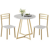 VECELO Small Round Dining Table Set for 2, Wood Tabletop with Strong Metal Frame, Modern Dinette with Chairs for Kitchen, Breakfast Nook Living Room, White & Gold VECELO