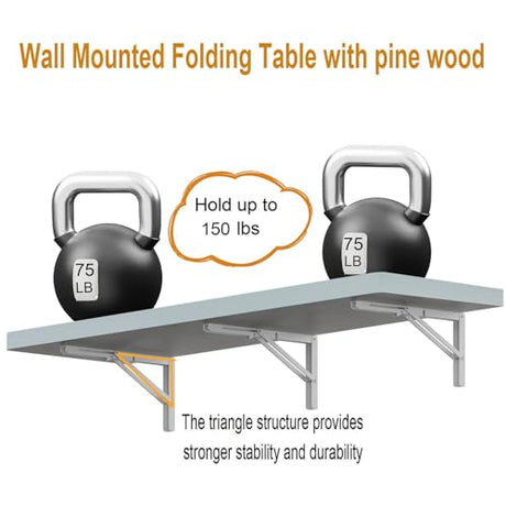 IAE Wall Mounted Folding Table with Pine Wood,55" x 16" Floating Wall Desk,Laundry Folding Table with Shelf Brackets,Fold Down Desk Shelf,Folding Workbench for Home,Dining,Laundry Room,Kitchen,White IAE