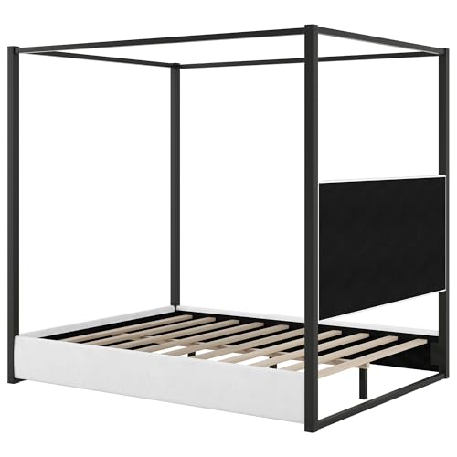 RuiSiSi Queen Size Canopy Bed with Upholstered Headboard, Metal 4-Poster Canopy Bed, Low Profile Platform Bed Frame for Teens, Adults, No Box Spring Needed, Black