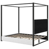 RuiSiSi Queen Size Canopy Bed with Upholstered Headboard, Metal 4-Poster Canopy Bed, Low Profile Platform Bed Frame for Teens, Adults, No Box Spring Needed, Black