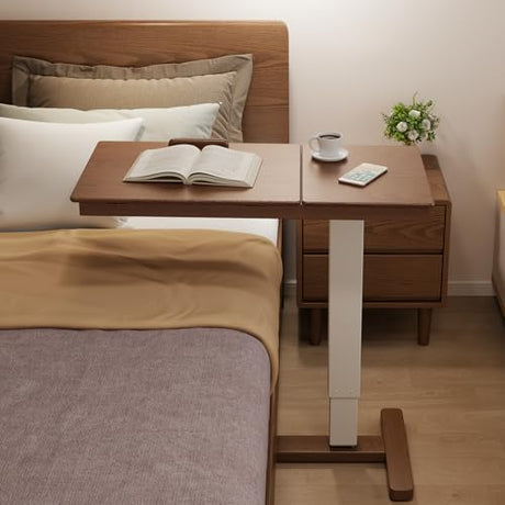 Muwuele Solid Wood Overbed Bedside Table with Wheels, Adjustable Medical Tilt Top Hospital Bed Table Over The Bed, Rolling Laptop Desk, Mobile Standing Desk for Hospital and Home Use (Walnut) Muwuele