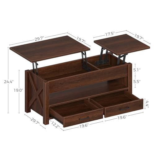 Seventable Coffee Table, 47.2" Lift Top Coffee Table with 2 Storage Drawers and Hidden Compartment, Farmhouse Center Table with Wooden Lift Tabletop, for Living Room,Espresso Seventable