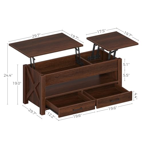 Seventable Coffee Table, 47.2" Lift Top Coffee Table with 2 Storage Drawers and Hidden Compartment, Farmhouse Center Table with Wooden Lift Tabletop, for Living Room,Espresso