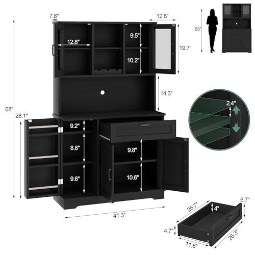 Shintenchi Kitchen Pantry Storage Cabinet, Freestanding Buffet Cabinet with Microwave Stand & 4 Door Shelves, Kitchen Hutch with Doors, Adjustable Shelves and Wine Rack, Black Shintenchi