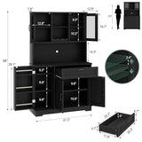Shintenchi Kitchen Pantry Storage Cabinet, Freestanding Buffet Cabinet with Microwave Stand & 4 Door Shelves, Kitchen Hutch with Doors, Adjustable Shelves and Wine Rack, Black Shintenchi