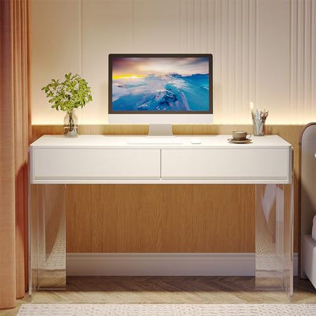 Tribesigns Computer Desk with 2 Drawers, Home Office Desk with Acrylic Legs, Modern White Desk with Storage, Makeup Vanity Desk for Bedroom Tribesigns
