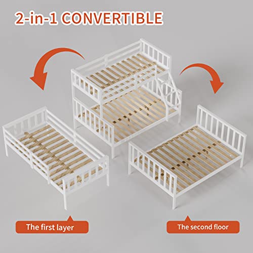 JOYMOR Convertible Twin Over Full Bunk Bed Frame – Space-Saving Solid Wood Design with Ladder and Guard Rail for Kids and Teens JOYMOR