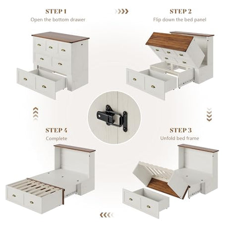 AMERLIFE Twin Size Murphy Bed, Farmhouse Wooden Cabinet with Charging Station and Storage Drawer for Bedroom/Office/Guest Room, White+Barnwood AMERLIFE