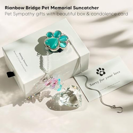 Pet Memorial Suncatcher - Dog Memorial Gifts, Pet Loss Sympathy, Thoughtful Dogs and Cats Bereavement Remembrance Gifts, Natural Cat's Eye Paw Crystal Suncatcher(Peacock Blue) AMETHUARTZ