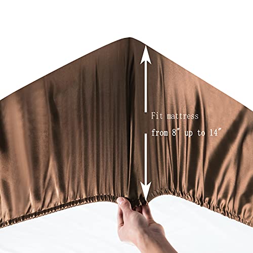 Satin Fitted Sheet, Twin Fitted Sheet Only, 1 - Piece Ultra Soft Deep Pocket Single Silk Bottom Bed Sheet Twin - Brown Luxbedding