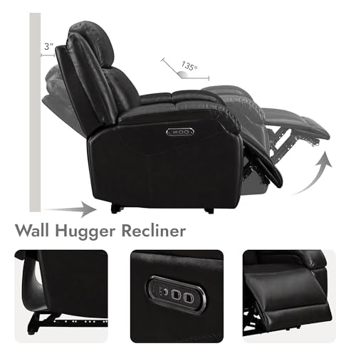 Watson & Whitely Genuine Leather Power Recliner Chairs for Adults, Wall Hugger RV Recliner with Power Headrest & Charging Ports, Electric Recliner Sofa Chair for Living Room, Black