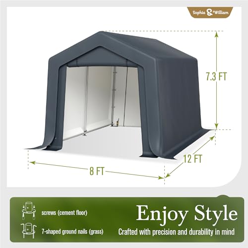 Sophia & William Outdoor Storage Shed Carport 8x12 ft Heavy Duty, Portable Garden Yard Car Port Shelter Storage Tent Garage with Roll Up Doors and Ventilation, Grey Sophia & William