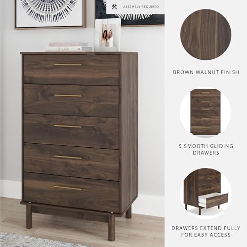 Signature Design by Ashley Calverson Contemporary 5 Drawer Chest of Smooth-Gliding Drawers and Safety Stop, Dark Brown Signature Design by Ashley