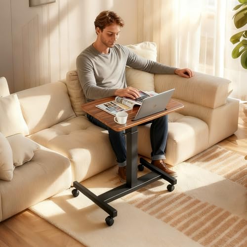Mobile Standing Desk,Height Adjustable Overbed Bedside Table with Wheels&Cup Holder,Hand Crank Sit Stand Desk and Laptop Cart,Computer Workstation for Home Office Classroom Hospital (Manual Walnut) BeGyoku