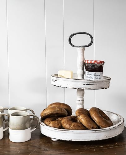 Creative Co-op EC0125 Distressed Wood 2-Tier Tray with Metal Handle, Cream Creative Co-Op