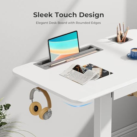 JYLH JOYSEEKER Mobile Standing Desk with Drawer, 28" Rolling Desk with Cup Holder and Hooks, Portable Laptop Cart on Wheels, Height Adjustable Workstation with Storage for Home Office, White JYLH JOYSEEKER