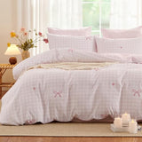 Erwinmu Gingham Comforter Set Twin Size,2 Pieces Pink Plaid Bow Ties Comforter Bedding Sets Reversible Pattern for Girls Kids,Cozy Breathable Microfiber Comforter and 1 Pillowcase Erwinmu