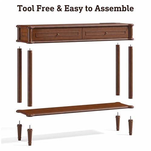 Console Table for Entryway with Charging Station,Retro Entryway Table with 2 Drawers-Easiest Assembly,Sofa Table with Bottom Shelf,Narrow Long Couch Table Behind Sofa for Living Room,Foyer (Walnut) STO'SENSE