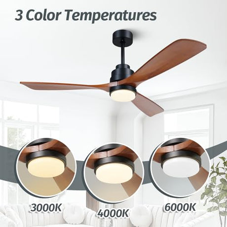 ALUOCYI Wood Ceiling Fan with Light,Energy Saving,Ultra-Quiet DC Motor,3 Blades,6 Speed,Outdoor/Indoor Ceiling Fan for Patio,Deck,Porch,Bedroom,Living Room,Brown Walnut and Black ALUOCYI