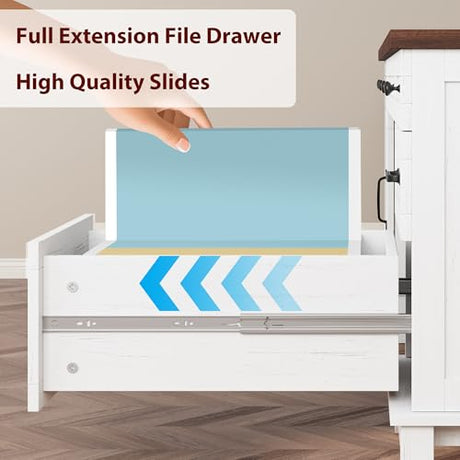 GarveeHome Executive Desk with File Drawers, Farmhouse Home Office Desk with Charging Station, 60 in Wooden Computer Desk with Cabinet Storage for Work Study Writing, White Walunt GarveeHome