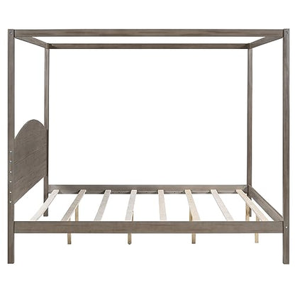 BOVZA King Size Canopy Bed, Wood 4-Post Canopy Platform Bed Frame with Headboard and Slat Support for Kids Teens Adults, Brown Wash