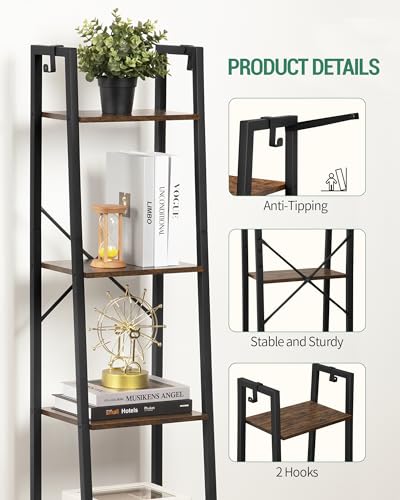 Hzuaneri 5-Tier Industrial Ladder Shelf in Rustic Brown with Hooks for Versatile Home Storage Hzuaneri
