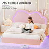 Jocisland LED Twin Bed Frame for Girls Upholstered Floating Bed with Cute Cloud Headboard, No Box Spring Needed, Leather, Pink Jocisland