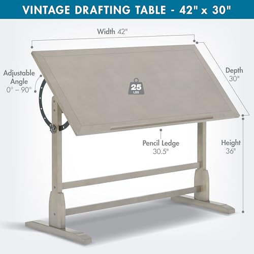 Studio Designs Wood Drawing/Drafting Table with Pencil Ledge - 42" W x 30" D - Whitewash - Tilting Top Adjustable Desk SD STUDIO DESIGNS