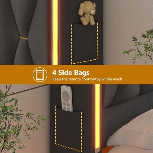 Queen Bed Frame with Headboard,Bed Frame Queen Size with LED Lights & Charging Station,Floating Queen Bed Frame with Storage Openable Marshmallow Headboard,No Box Spring Needed,Noise-Free,Dark Gray BYSAUD