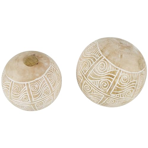 Deco 79 Mango Wood Handmade Decorative Ball Orbs & Vase Filler with Carved Tribal Patterns, Set of 2 5", 4" W, Cream Deco 79
