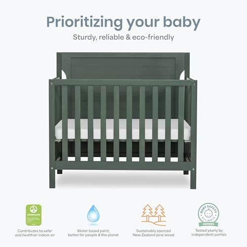 Dream On Me Bellport 4-in-1 Convertible Mini Baby Crib, Compact Design in Safari Green, GreenGuard Gold & BSA, Non-Toxic, Pinewood, Converts to Mini Daybed & Twin Bed, 1″ Mattress Pad