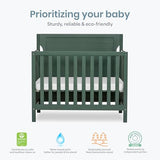 Dream On Me Bellport 4-in-1 Convertible Mini Baby Crib, Compact Design in Safari Green, GreenGuard Gold & BSA, Non-Toxic, Pinewood, Converts to Mini Daybed & Twin Bed, 1″ Mattress Pad