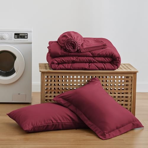 Love's cabin Twin Comforter Set Burgundy, 5 Pieces Twin Bed in a Bag, All Season Bedding Sets with 1 Comforter, 1 Flat Sheet, 1 Fitted Sheet, 1 Pillowcase and 1 Pillow Sham Love's cabin