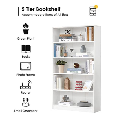 Farini Modern White 5-Tier Bookshelf - Adjustable Wood Bookcase for Bedroom, Office, or Living Room Farini