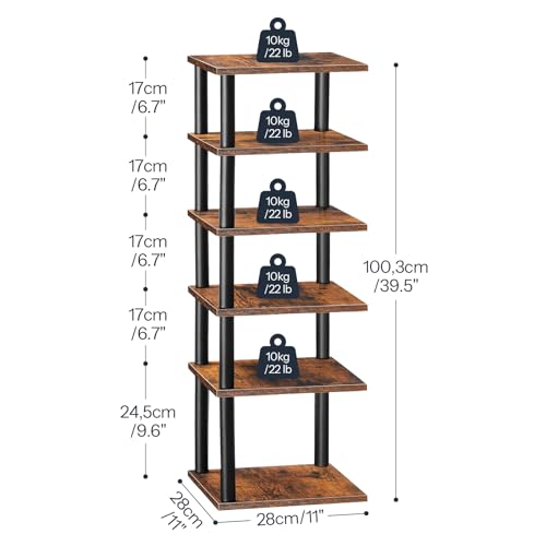 HOOBRO Vertical Shoe Rack, 6-Tier Narrow Shoe Shelf, Shoe Storage Organizer for Small Space, 11" L x 11" W x 39.5" H, Closet, Entryway, Hallway, Bedroom, Rustic Brown and Black BF21XJ01 HOOBRO