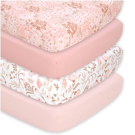 The Peanutshell 4-Pack Fitted Crib Sheet Set - Super Soft & Breathable Baby Girl Crib Sheets, Nursery Decor, Fit for Standard Mattress Cover- Whimsical Floral The Peanutshell