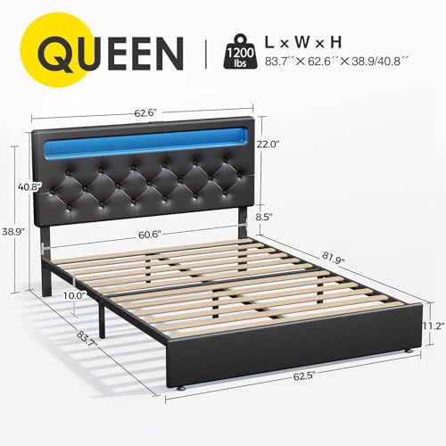 Rolanstar Queen Size Bed Frame with Charging Station, LED Bed with Under Bed Storage, Adjustable Headboard 38.9/40.8 Inches, No Box Spring Needed, Noise Free, Easy Assembly, Black Rolanstar