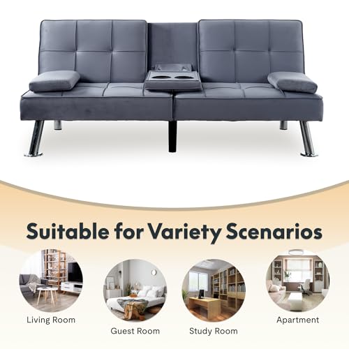 FLEXISPOT XCT3 Futon Sofa Bed with USB & Type-C Charging Port, Convertible Sleeper Couch with Adjustable Backrest, Folding Loveseat for Small Space, Living Room, Guest Room, Apartment (Velvet, Gray) FLEXISPOT