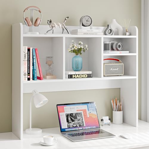 SUPER DEAL Desktop Bookshelf, Countertop Storage Hutch with 4 Shelves for Computer Desk, 2-Tier Display Rack, Multipurpose Wood Desk Hutch Storage Organizer for Home Office Dorm, White SUPER DEAL