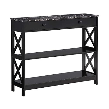 Convenience Concepts Oxford 1 Drawer Console Table with Shelves, Black Faux Marble/Black Convenience Concepts