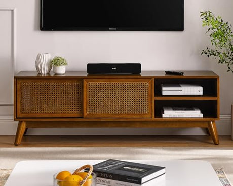 LKTART 59 Inch Mid Century Modern TV Stand with Rattan Cabinet Doors, Entertainment Center for living room Solid Wood Feet Light Wood LKTART