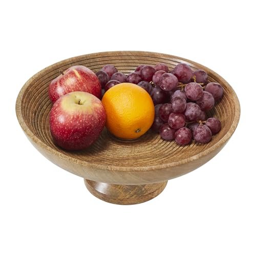 VHC Brands Ribbed Natural Wooden Fruit Bowl 5.5x12x12, Kitchen Decor, Decorative Wooden Pedestal Bowl, Perfect Centerpiece for Table, Island, or Counter - WoodArtSupply