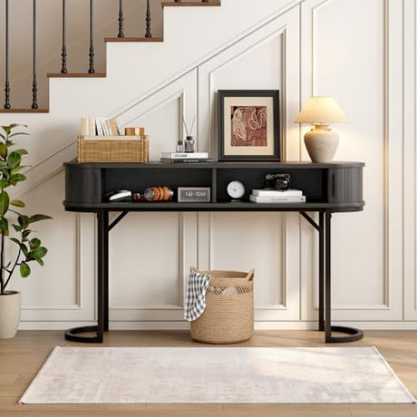 ONBRILL 55 Inch Console Table with 2 Drawers, Entryway Table with Sliding Door, Long Sofa Table Behind Couch w/Metal Leg, Mid-Century Modern Console Table for Entryway, Hallway, Living Room,Black ONBRILL