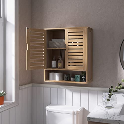 SMIBUY Bathroom Cabinet Wall Mounted, Bamboo Over-The-Toilet Storage Organizer, Space Saver Medicine Cabinet with 2 Door and Adjustable Shelves - WoodArtSupply